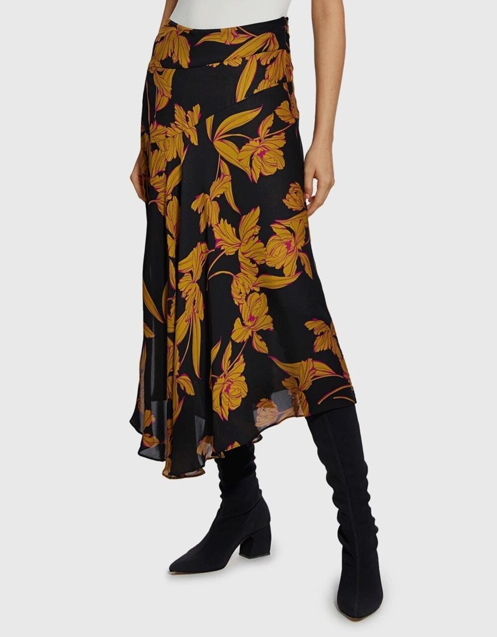 A.L.C. Black Gold Pink Lev Floral Silk Handkerchief Hem Midi Skirt Women size 6